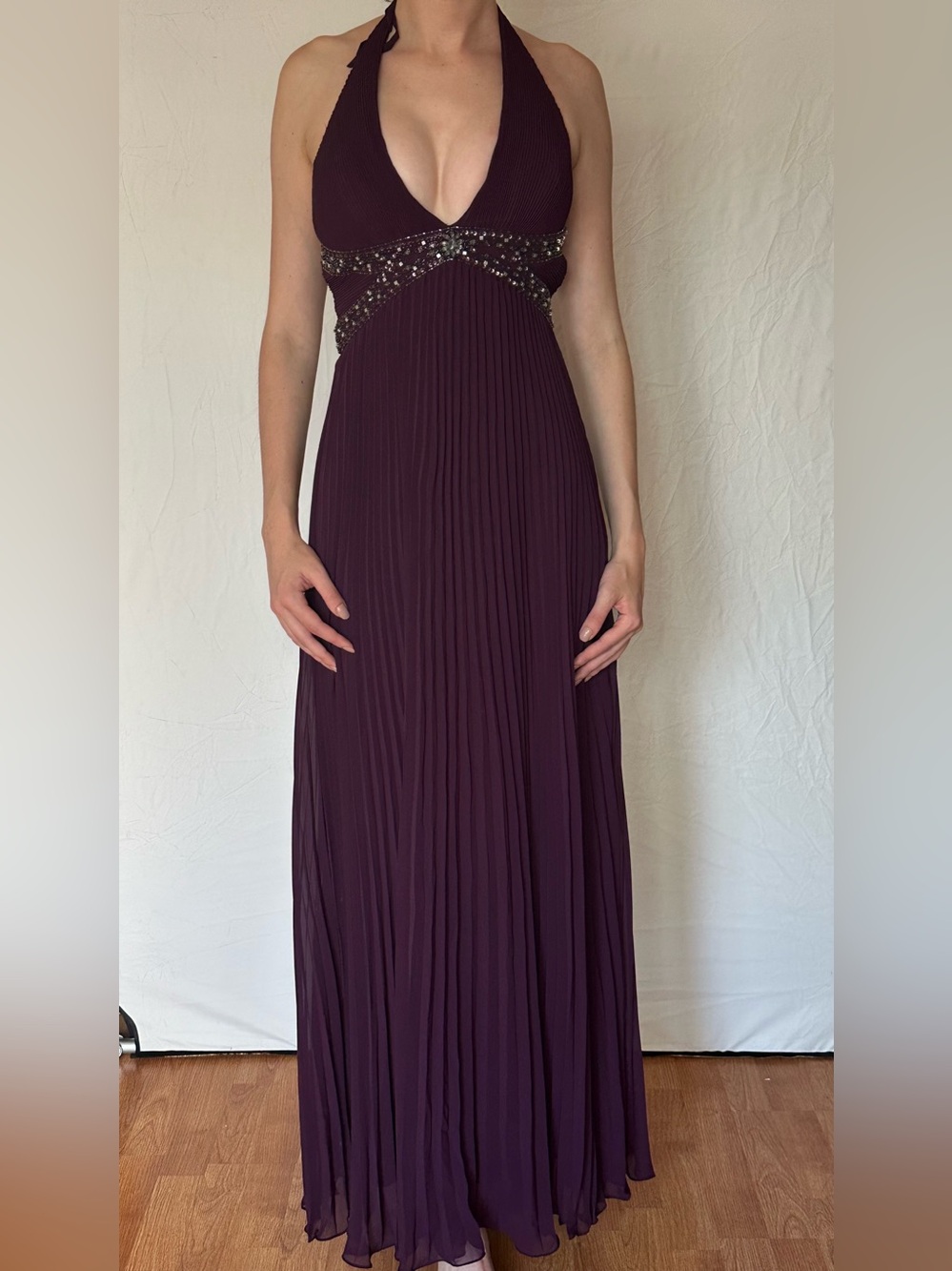 Halter Neck Pleated Maxi Dress in Deep Plum
